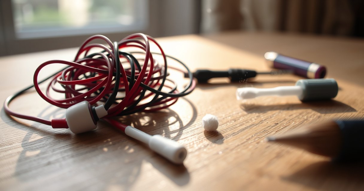 A close-up view of a pair of colorful, tangled earbuds resting on a wooden table, surrounded by small tools like a tiny screwdriver, cotton swabs, and a cleaning brush. Soft morning light filters through a nearby window, illuminating dust particles in the air, symbolizing the hidden issues and solutions behind quieter sound.