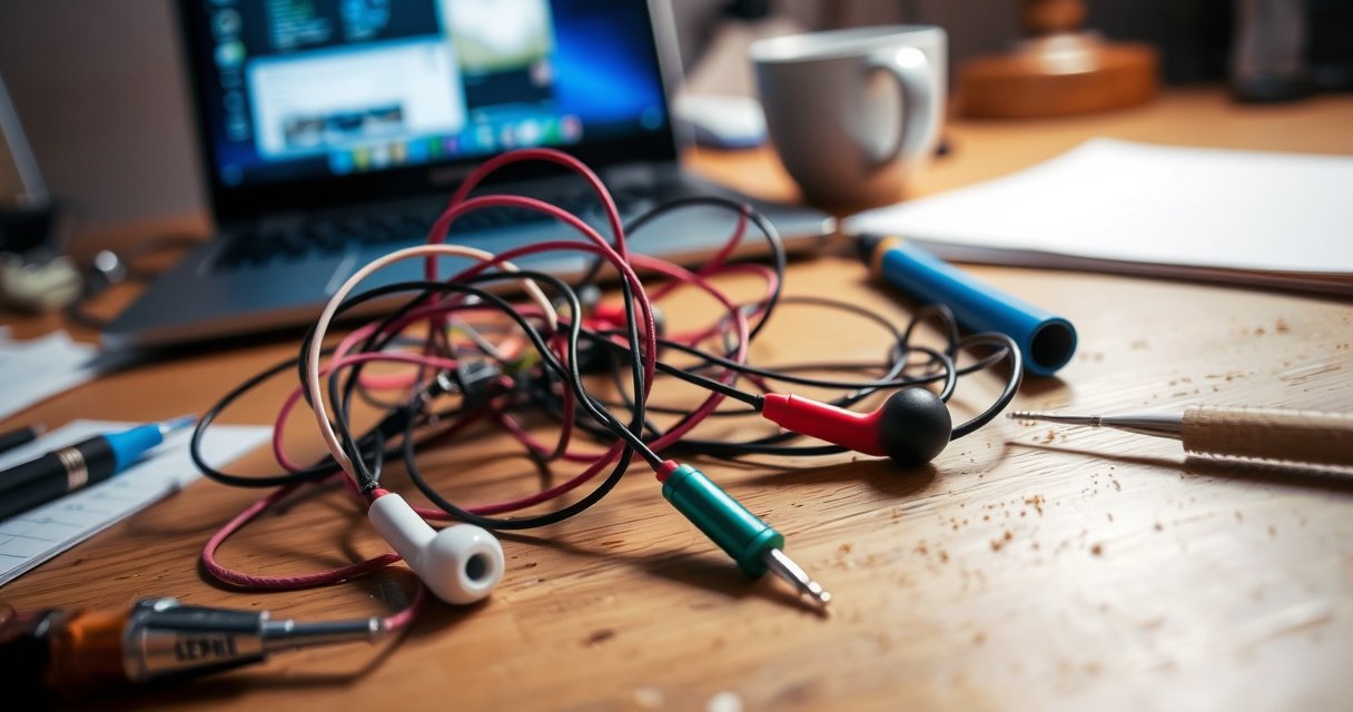A close-up view of a tangled pair of colorful earbuds lying on a wooden desk, surrounded by small tools like a screwdriver and cleaning brush, with a faint glow from a laptop screen in the background, signaling an atmosphere of troubleshooting and tech repair, while scattered notes and a coffee cup add a personal touch.