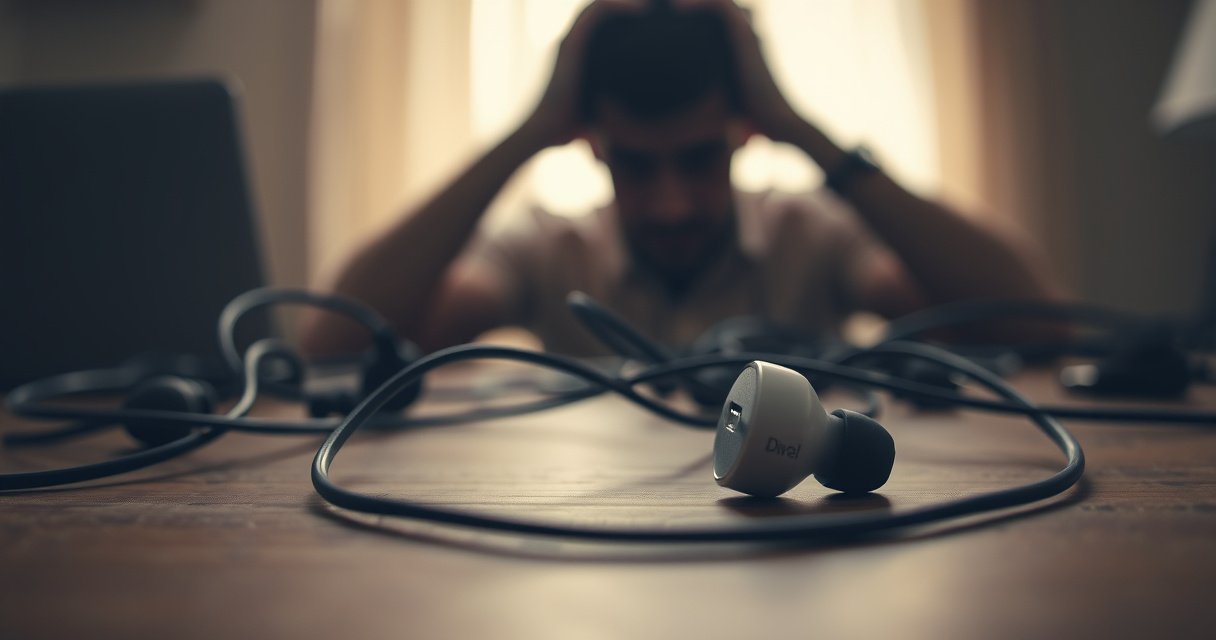 A close-up of a broken earbud lying on a wooden table, surrounded by tangled wires and faintly lit by soft, warm light. In the background, a blurred silhouette of a frustrated person holding their head, emphasizing the feeling of confusion and annoyance. The scene conveys a sense of tech struggle and everyday life.