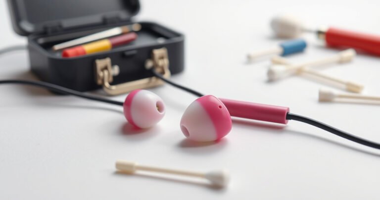 A close-up of a pair of colorful earbuds resting on a white background, one earbud prominently falling out with motion blur, surrounded by scattered cotton swabs and a small toolbox, illustrating the struggle of maintaining fit, with a soft light illuminating the scene, conveying a sense of frustration and creativity in solving the problem.