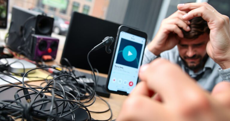 A close-up of a pair of sleek, modern earbuds partially falling out of a person's ears, surrounded by a cluttered desk featuring tangled wires, a smartphone with an audio app open, and a frustrated individual scratching their head, highlighting the common struggle of earbuds not staying in place against a vibrant urban backdrop.