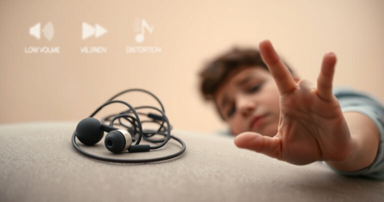 A close-up of tangled earbuds resting on a soft, muted surface, with sound waves visually emanating from them. In the background, faint icons represent common audio issues like low volume and distortion, while a frustrated person in soft focus gestures in the foreground, highlighting the struggle of low-quality sound.