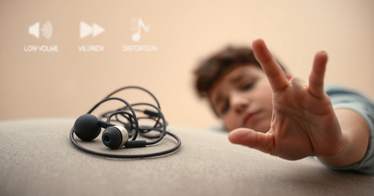 A close-up of tangled earbuds resting on a soft, muted surface, with sound waves visually emanating from them. In the background, faint icons represent common audio issues like low volume and distortion, while a frustrated person in soft focus gestures in the foreground, highlighting the struggle of low-quality sound.