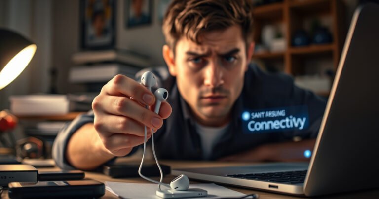 A close-up of a frustrated person sitting at a cluttered desk, holding Samsung earbuds with a puzzled expression. Surrounding them are scattered tech gadgets and a glowing laptop screen displaying a connectivity issue. Soft, warm lighting creates a cozy yet tense atmosphere, highlighting the struggle of modern technology in daily life.