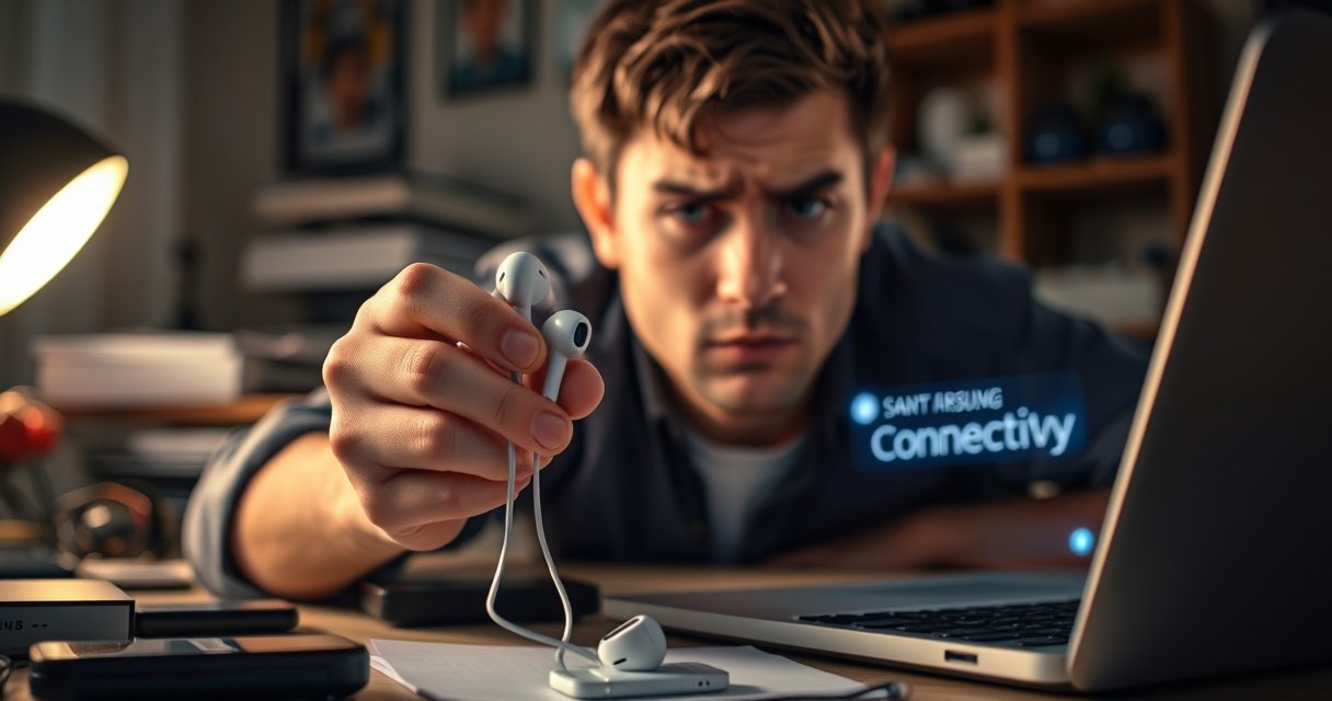 A close-up of a frustrated person sitting at a cluttered desk, holding Samsung earbuds with a puzzled expression. Surrounding them are scattered tech gadgets and a glowing laptop screen displaying a connectivity issue. Soft, warm lighting creates a cozy yet tense atmosphere, highlighting the struggle of modern technology in daily life.