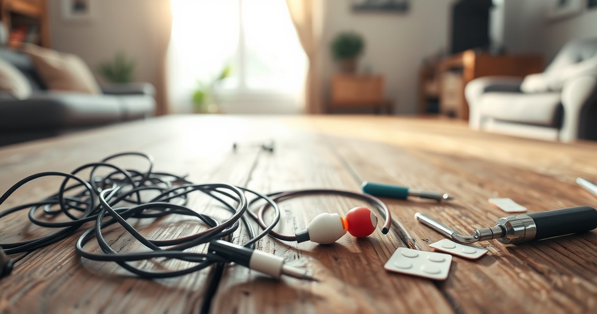 A pair of colorful earbuds resting on a rustic wooden table, surrounded by tangled earphone cords and a few small tools like a screwdriver and adhesive pads, with a soft-focus background of a cozy living room, sunlight streaming through a window, creating an inviting yet chaotic atmosphere reflecting the struggle of earbud fit.