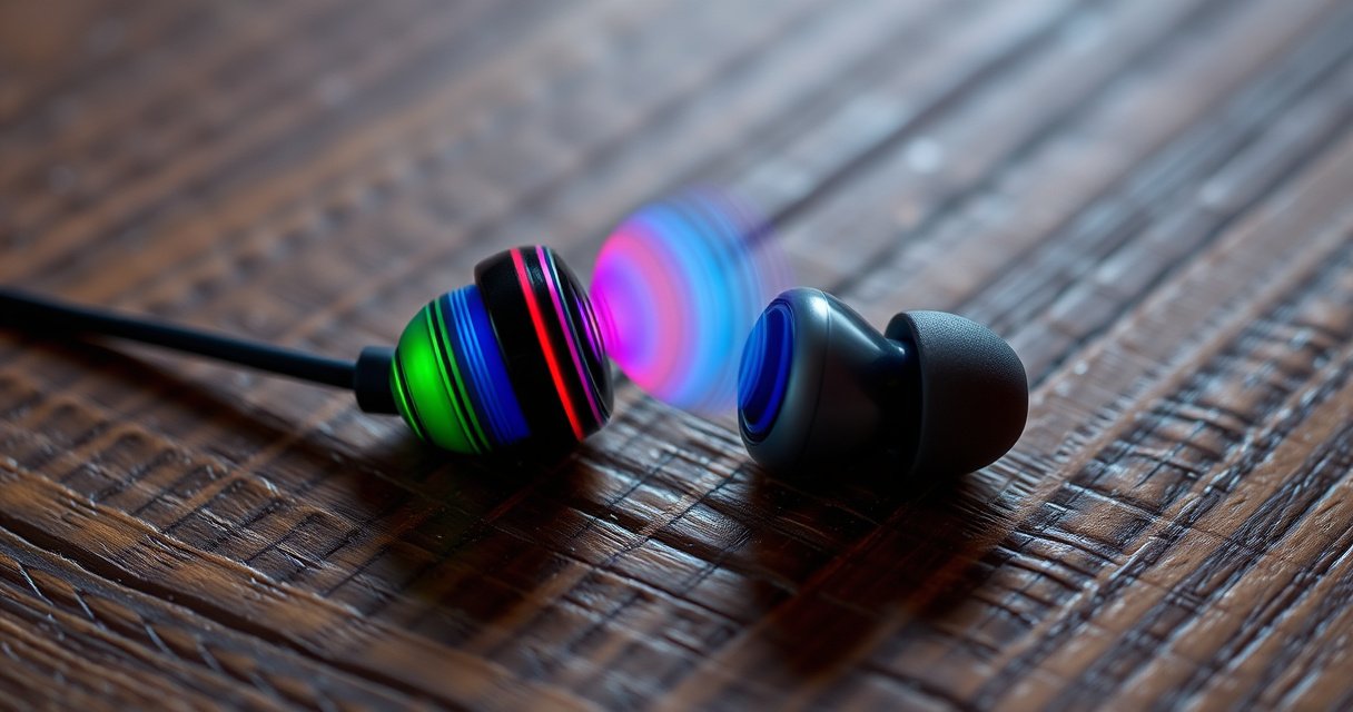 A close-up of a pair of vibrant, sleek earbuds resting on a textured wooden surface, one earbud emitting colorful sound waves that visually swirl and dance around it, while the other remains still, muted. Soft, ambient lighting highlights the contrast, creating an intriguing atmosphere that sparks curiosity about audio balance and sound perception.