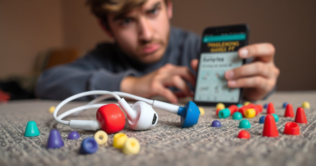 A close-up of colorful earbuds resting on a textured surface, surrounded by scattered ear tips in various sizes. In the background, a frustrated individual adjusts their hair, looking perplexed while holding a phone displaying a troubleshooting guide. Soft, warm lighting enhances the scene, emphasizing the struggle to find the perfect fit.