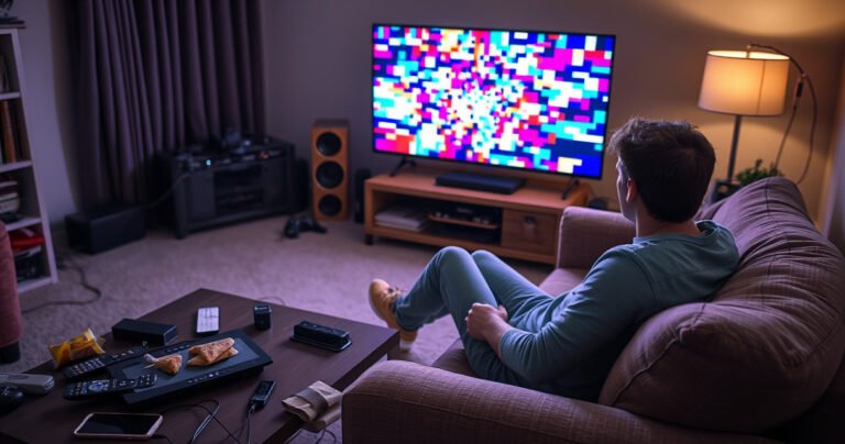 A frustrated person sitting on a cozy couch, staring at a glitching smart TV displaying colorful pixelated distortions. Surrounding them are remote controls, a smartphone, and snacks scattered on a coffee table, while a soft glow from the TV casts shadows in a dimly lit living room filled with tech gadgets and tangled cables.