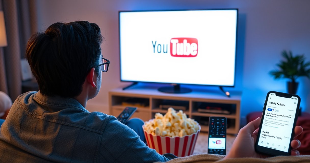 A frustrated user sits in a cozy living room, staring at a blank Smart TV screen displaying the YouTube logo. Surrounding them are various remote controls, a popcorn bowl, and a smartphone with error messages. Soft ambient lighting adds a warm atmosphere, contrasting the user's confused expression, highlighting the struggle of technology failing during movie night.
