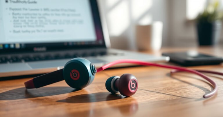A close-up of a vibrant pair of Beats earbuds, one lying on a sleek wooden table while the other is slightly open, revealing its intricate inner components. Soft natural light filters in, casting gentle shadows, with a faint, blurred laptop screen in the background displaying a troubleshooting guide.