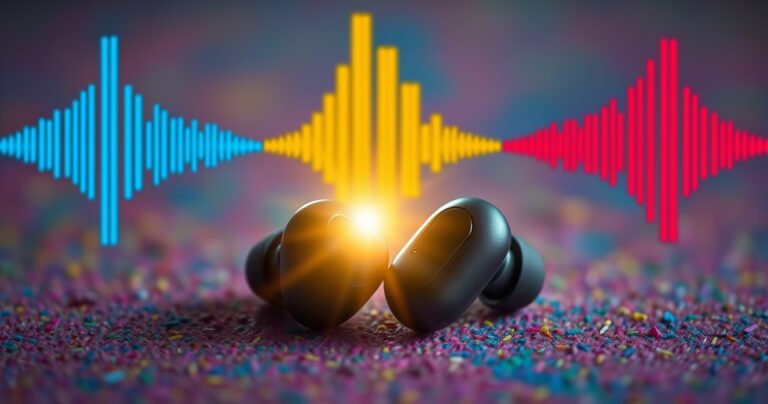 A close-up of a pair of sleek wireless earbuds resting on a vibrant, textured surface, one earbud shining brightly while the other appears dimmer. Surrounding them are sound wave patterns in contrasting colors, symbolizing the disparity in volume, with subtle hints of frustration and curiosity in the background, creating a dynamic visual contrast.