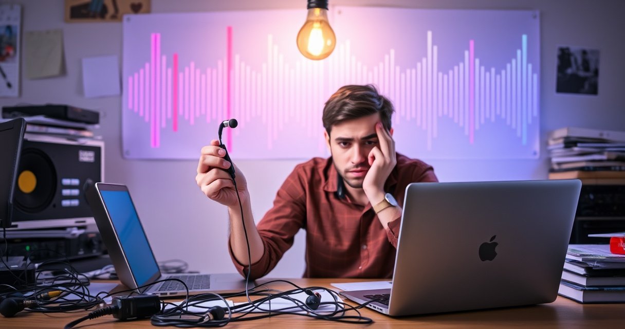 A frustrated person sitting at a cluttered desk, holding a single, non-working earbud, surrounded by tangled wires and a glowing laptop. In the background, a colorful soundwave graphic symbolizes audio issues, while a bright light bulb above suggests ideas and solutions, creating a dynamic atmosphere of troubleshooting and creativity.