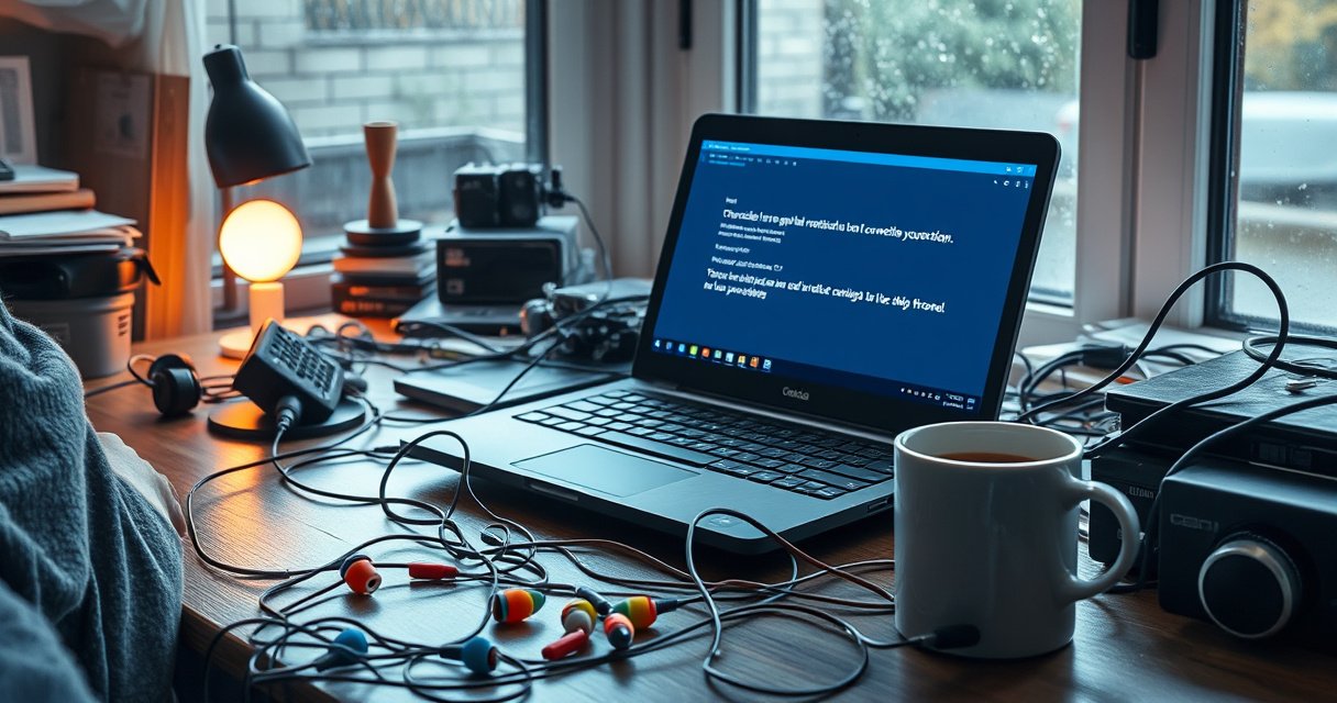 A frustrated person sitting at a cluttered desk, surrounded by tangled wires and a glowing Chromebook screen displaying connection error messages. Nearby, colorful earbuds lay abandoned, with a coffee cup steaming beside them, and a window showing a rainy day outside, creating a mood of exasperation and tech troubleshooting.