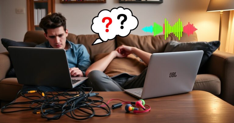 A frustrated person sitting on a couch, surrounded by tangled wires and a laptop open to troubleshooting steps. Vibrant JBL earbuds rest on the coffee table, while a thought bubble above the person shows a question mark. Colorful sound waves emanate from the earbuds, symbolizing connectivity issues, with a warm homey atmosphere.