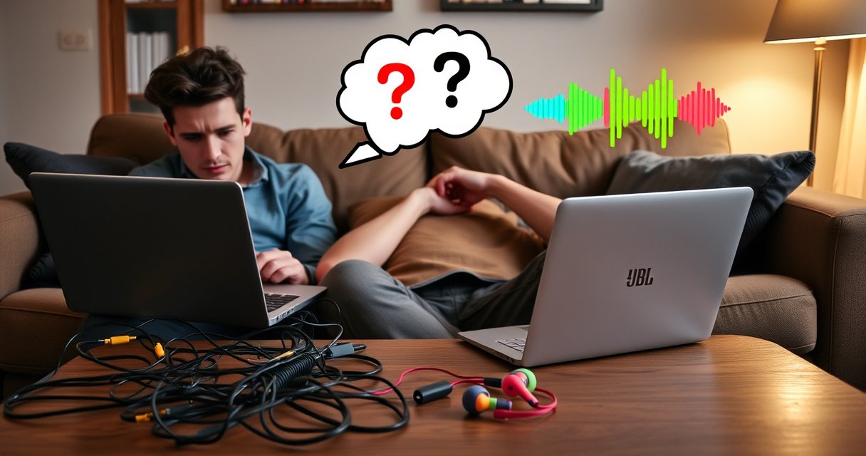 A frustrated person sitting on a couch, surrounded by tangled wires and a laptop open to troubleshooting steps. Vibrant JBL earbuds rest on the coffee table, while a thought bubble above the person shows a question mark. Colorful sound waves emanate from the earbuds, symbolizing connectivity issues, with a warm homey atmosphere.
