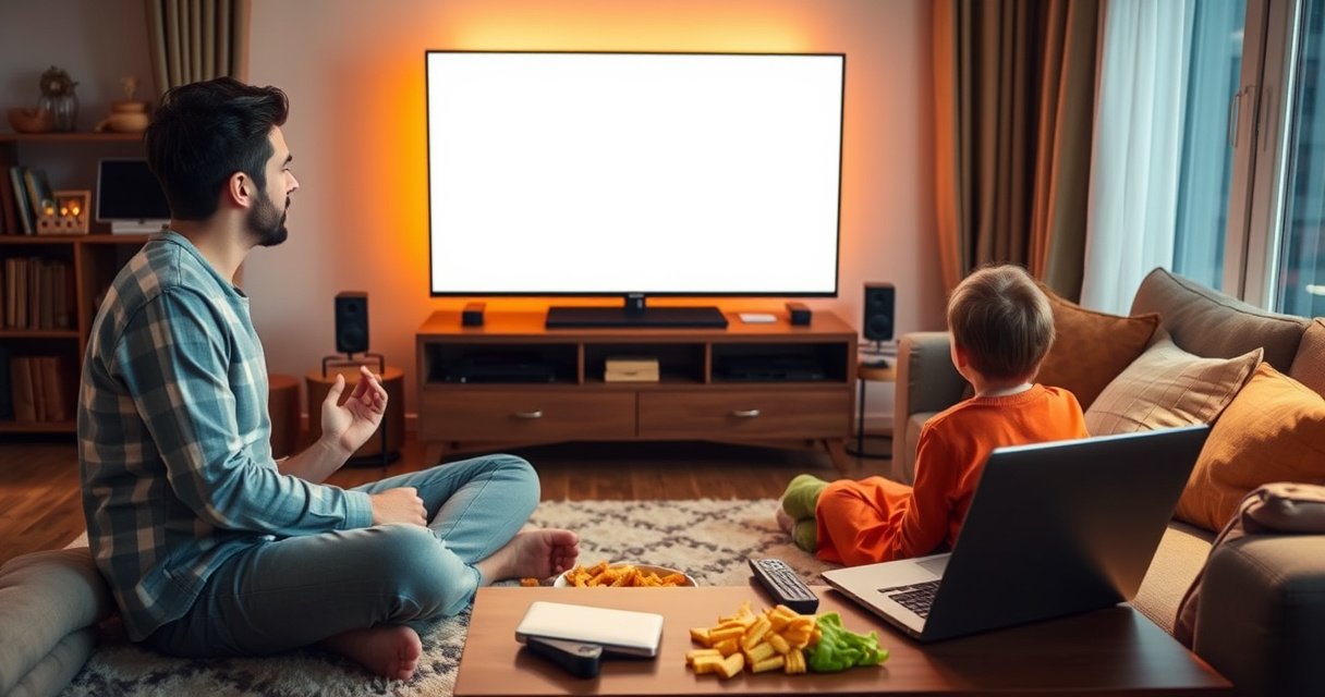 A frustrated user sitting cross-legged on a cozy living room floor, surrounded by snacks, staring at a blank Smart TV screen. The room is warmly lit with soft cushions and a coffee table cluttered with remote controls and a laptop, conveying a mix of confusion and determination to fix the streaming issue.