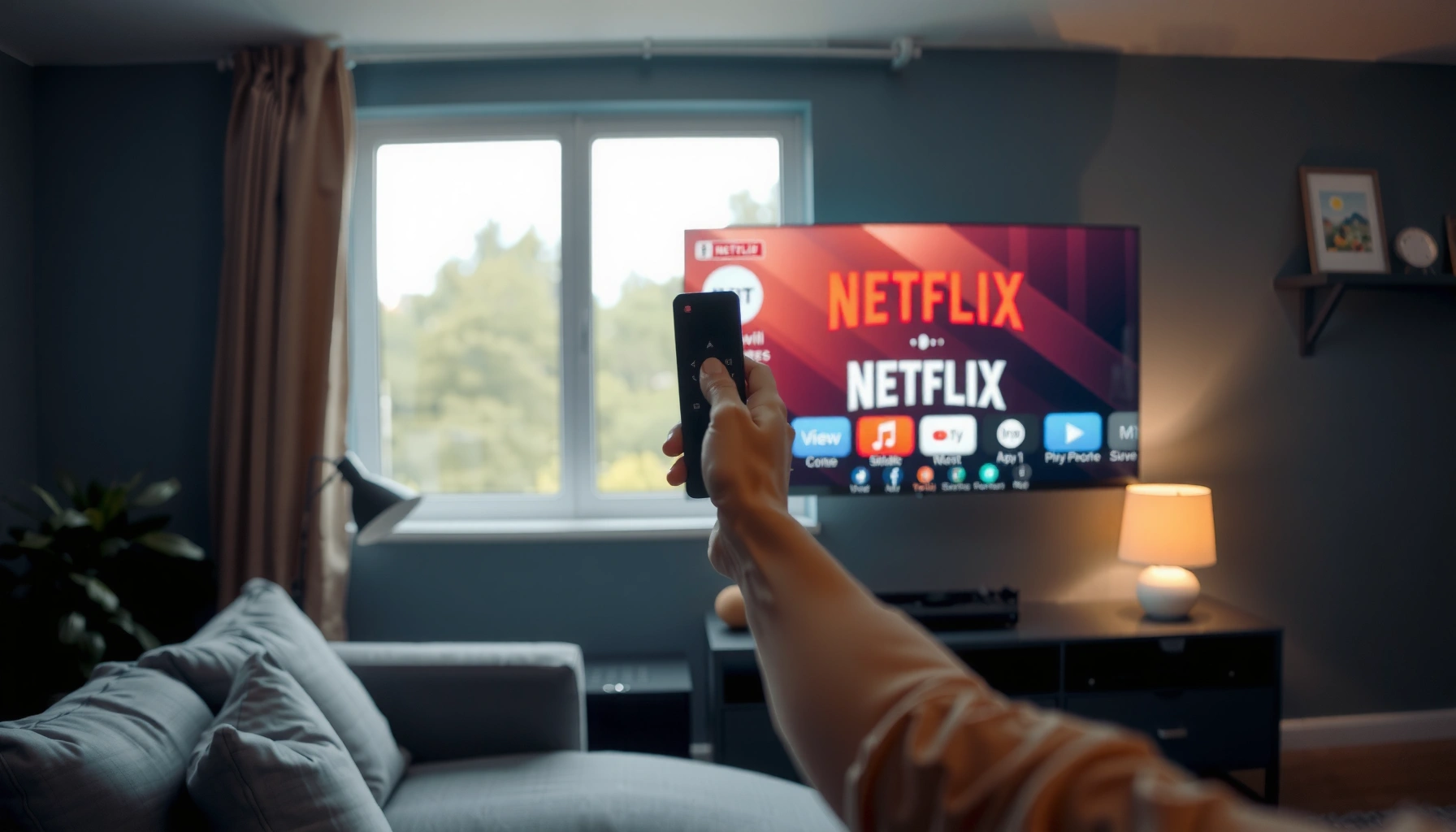 A user navigating to Netflix on a Smart TV screen, showcasing the app interface.