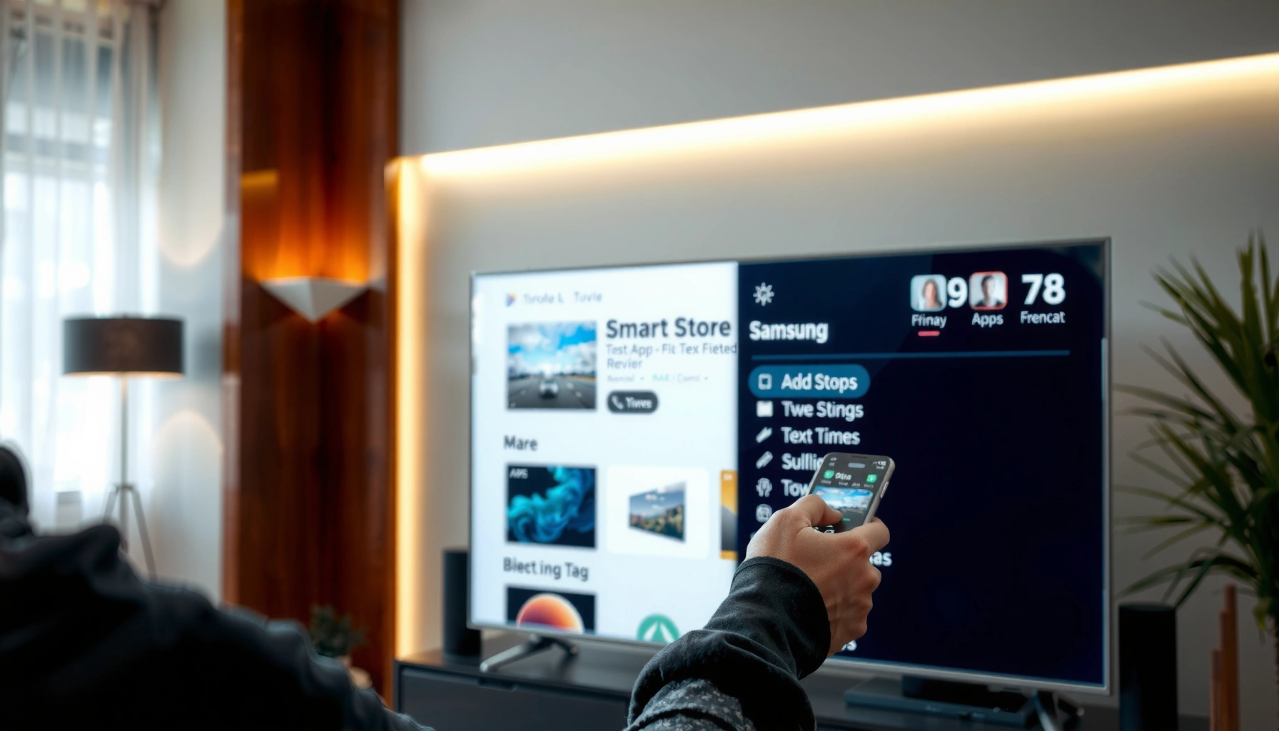 A guide on how to add an app to a Samsung Smart TV, showcasing the TV interface and app store.
