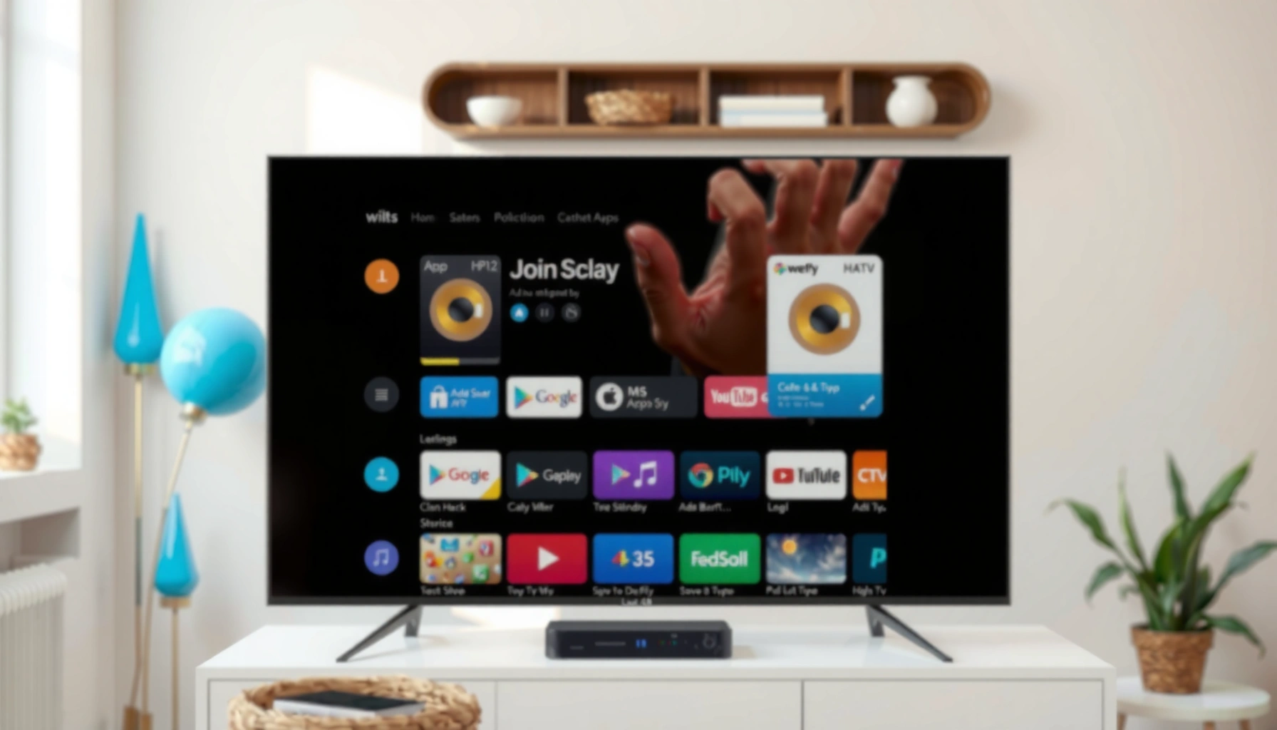 A user following a step-by-step guide to add apps on a Smart TV.