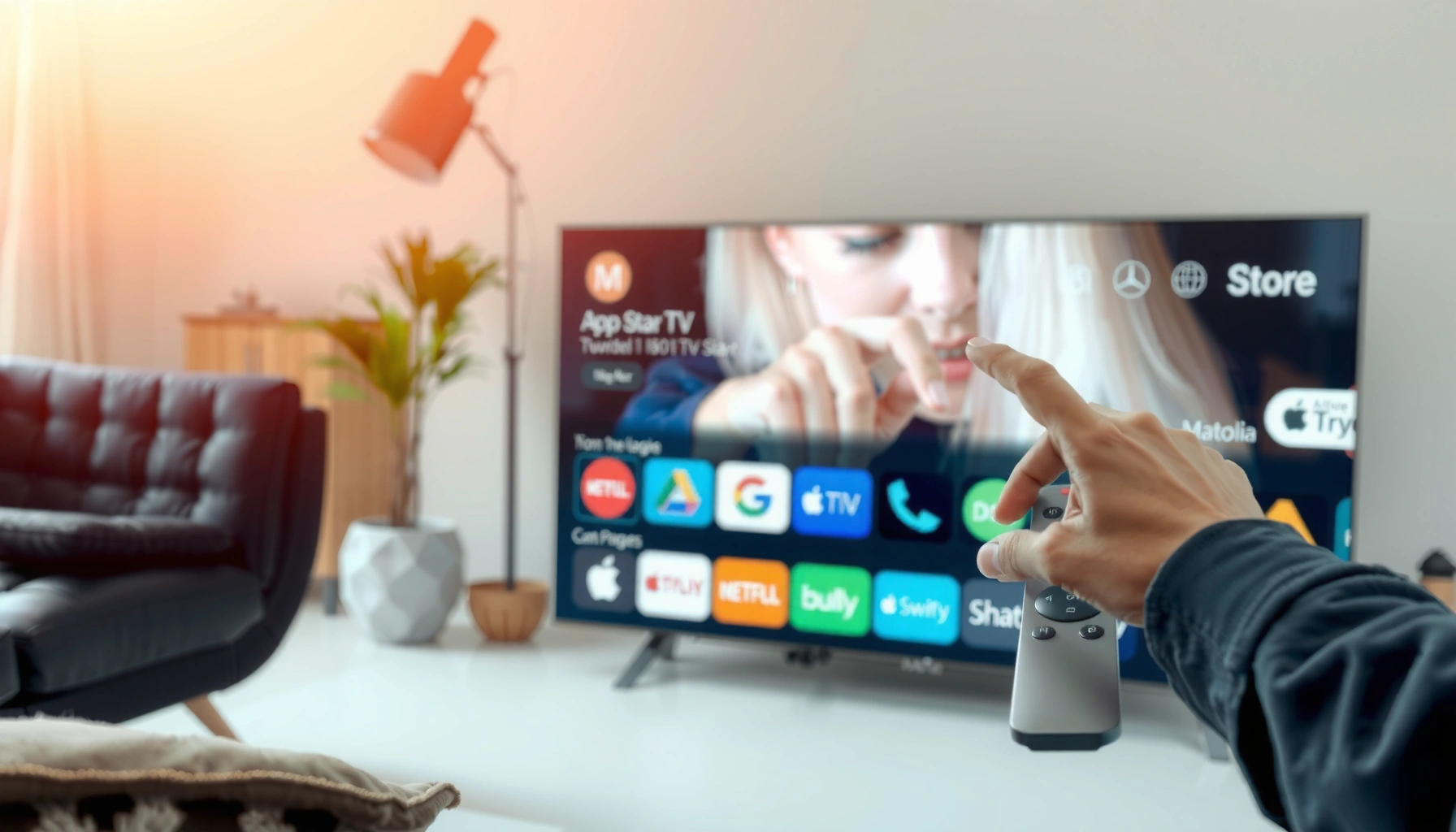 Illustration showing how to add apps to a Smart TV, featuring various app icons and a TV remote.