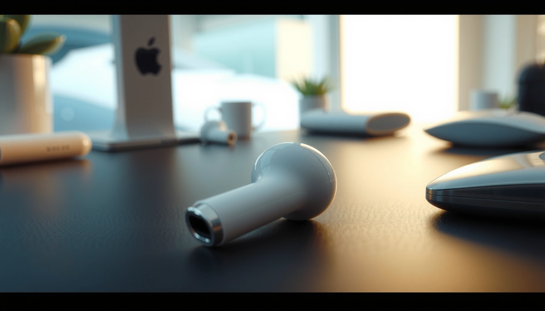 Apple earbuds with a microphone, showcasing their audio capabilities and design.
