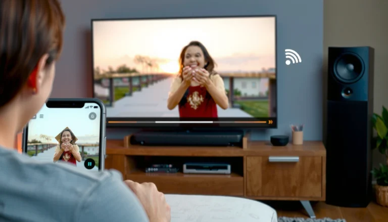 Illustration of casting content to a Smart TV using a smartphone and a streaming app.