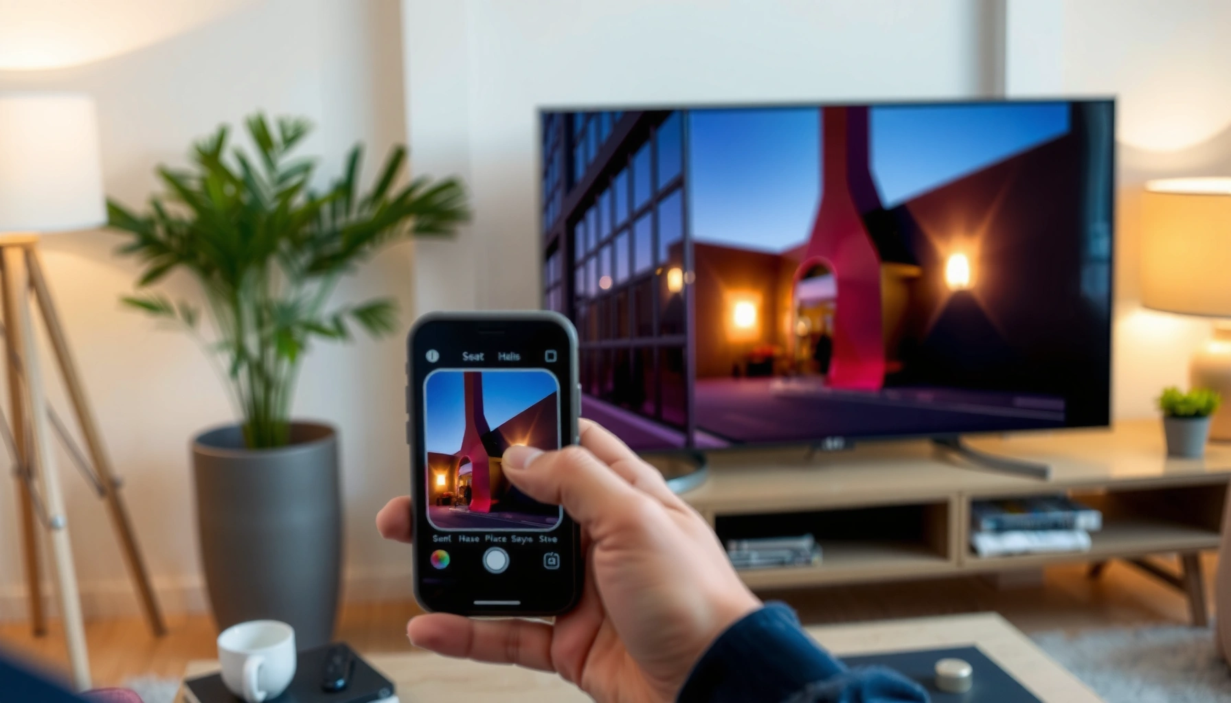 Illustration showing how to cast from a phone to a smart TV for quick setup.