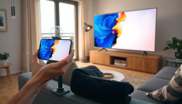 A person casting their phone screen to a smart TV using wireless technology.