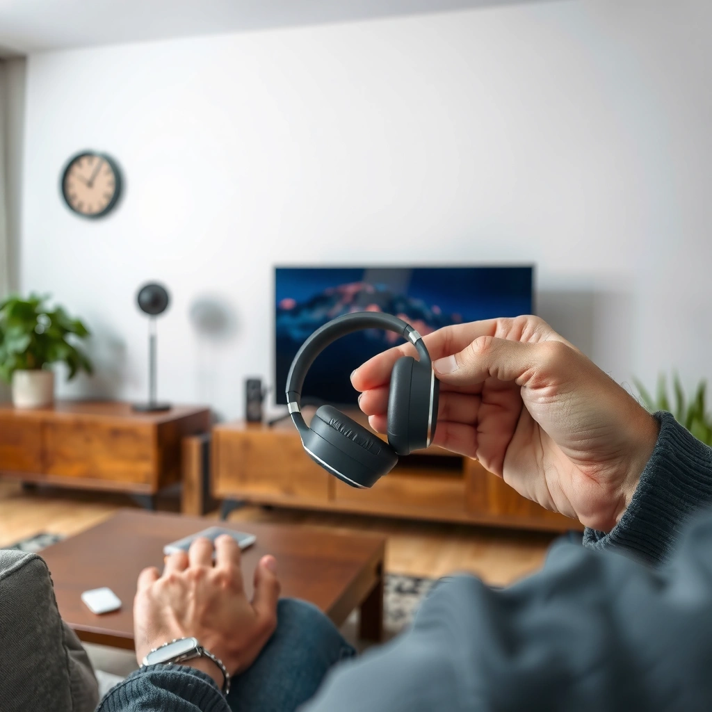 A person checking Bluetooth compatibility and pairing mode on a smart TV for headphones connection.