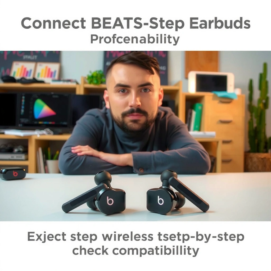 User checking compatibility and powering on Beats wireless earbuds for setup.