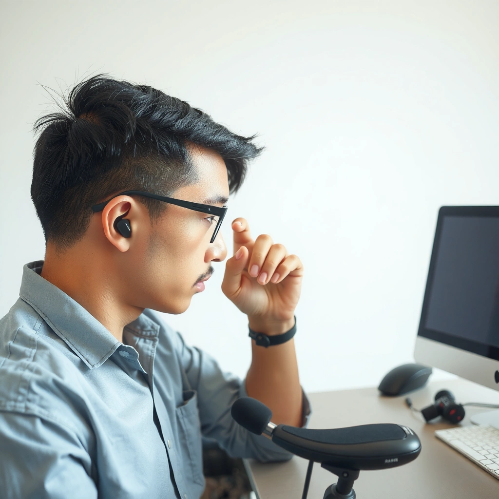 Person checking the ear tip size and seal of earbuds for a better fit