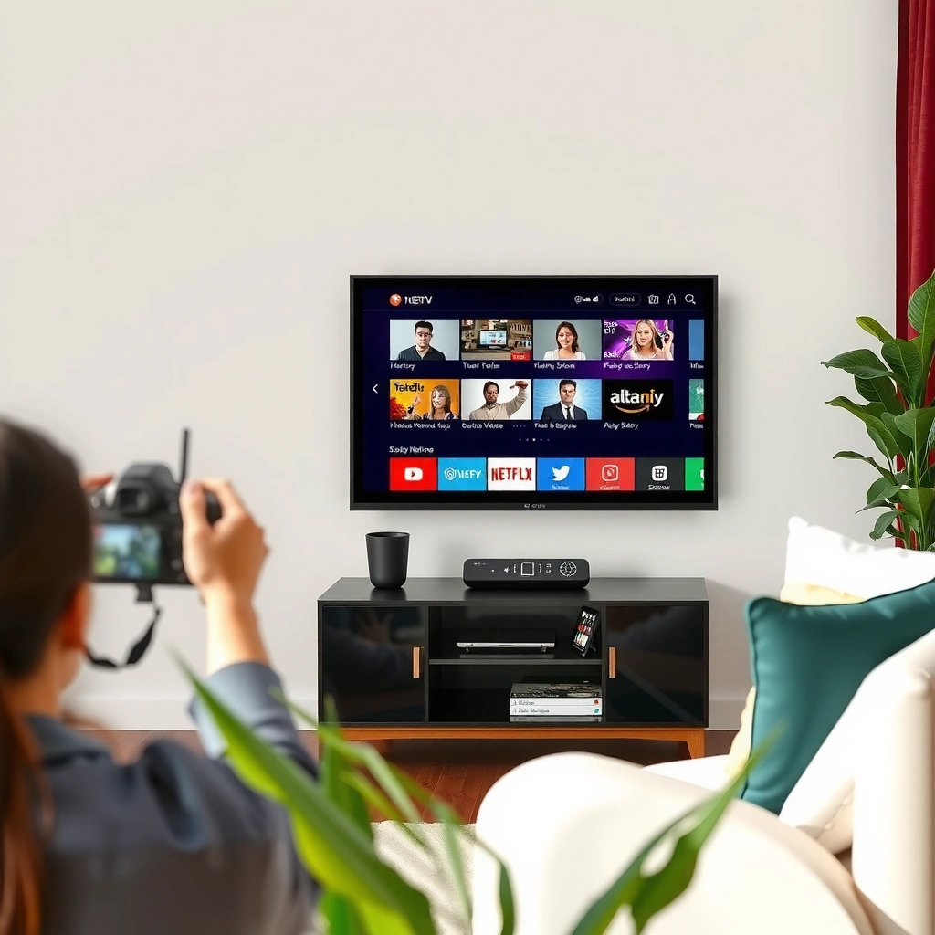 A person checking their internet connection settings on a smart TV for network type selection.