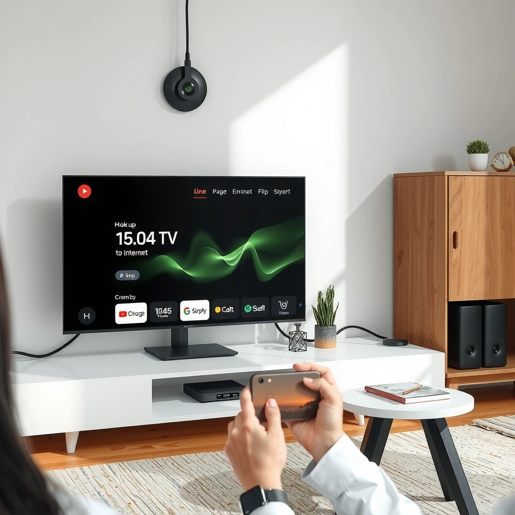 A person checking internet connection and TV requirements for smart TV setup.