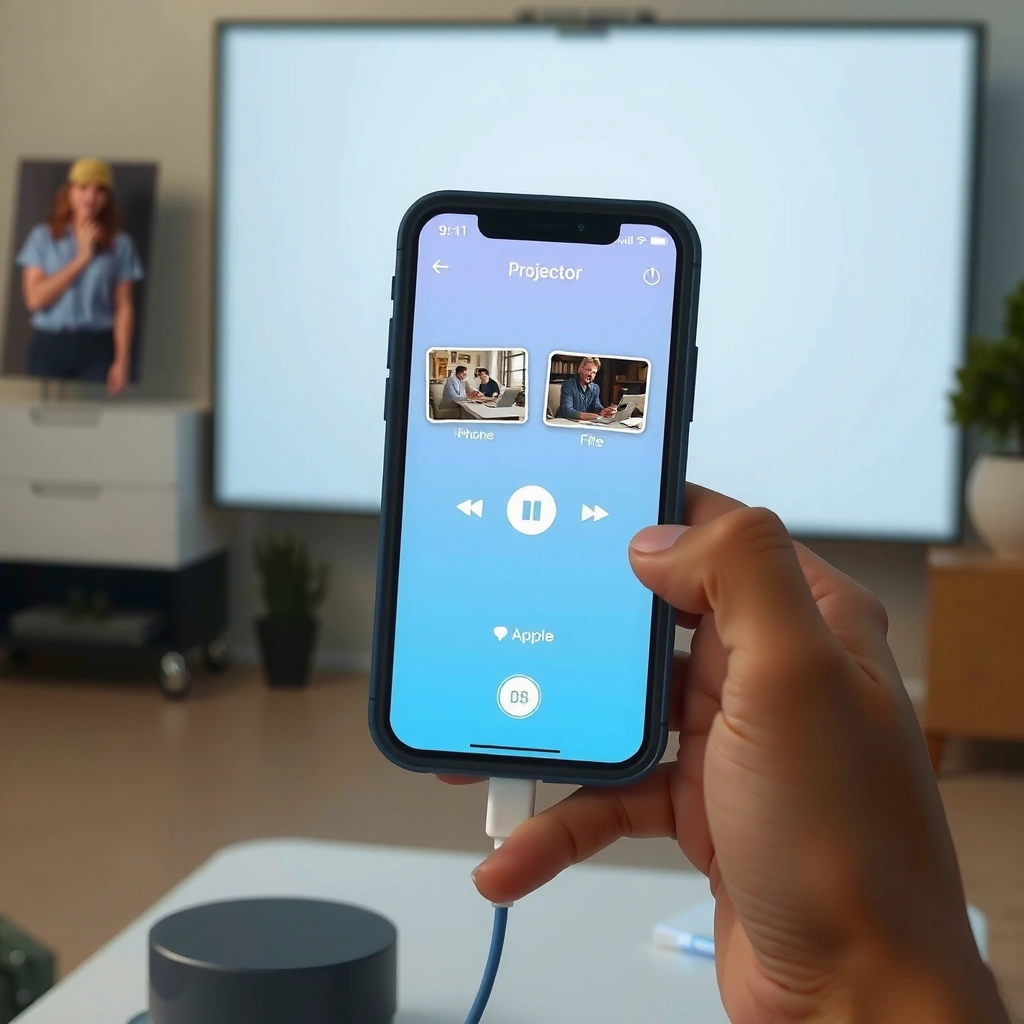 Image showing the ports on an iPhone and a projector for connecting devices.
