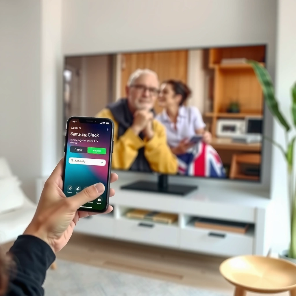 A graphic showing compatibility details between iPhone and Samsung Smart TV for casting.