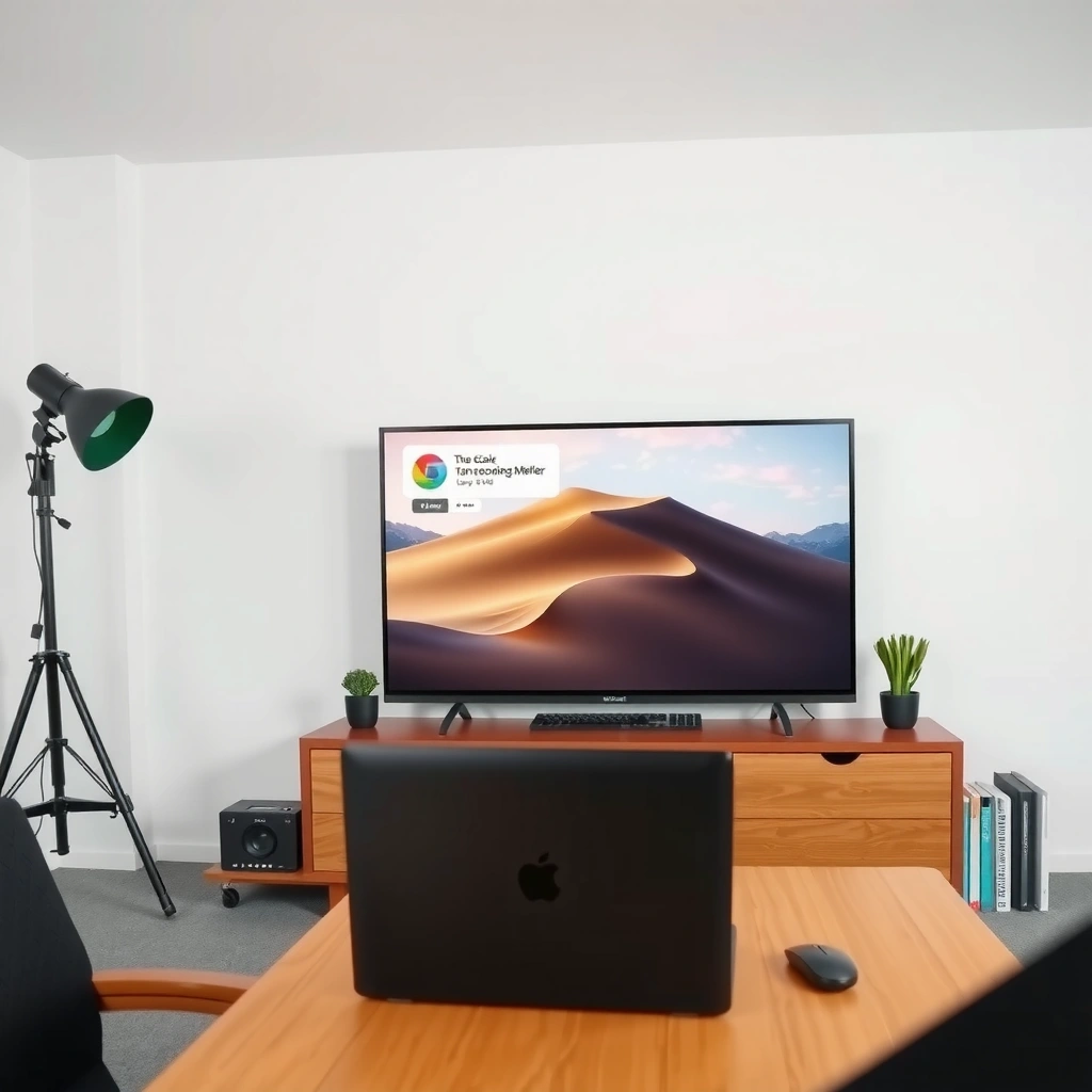 A person checking compatibility between a MacBook and a Smart TV for connection setup.