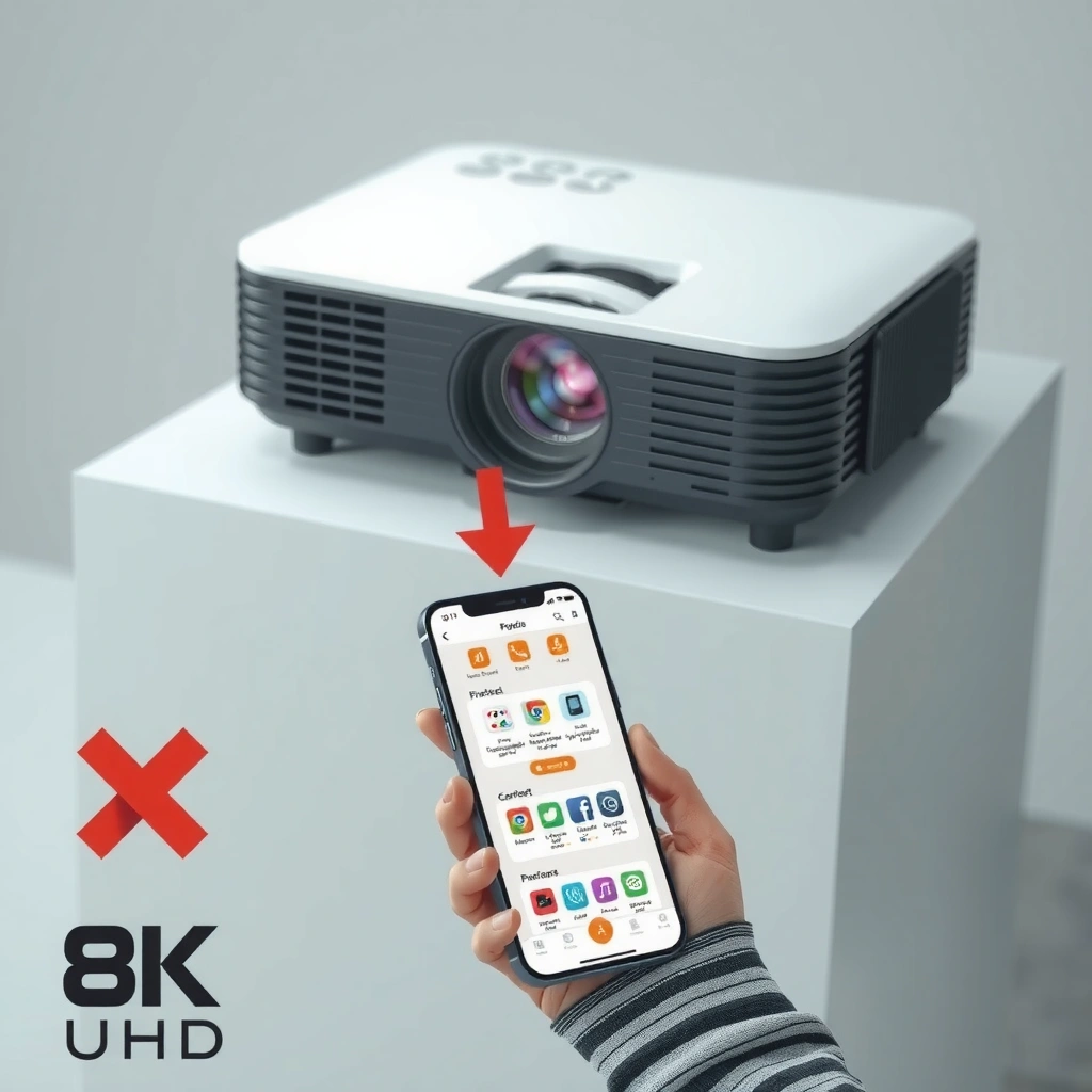 Image showing various ports on a projector and a mobile device for connectivity.