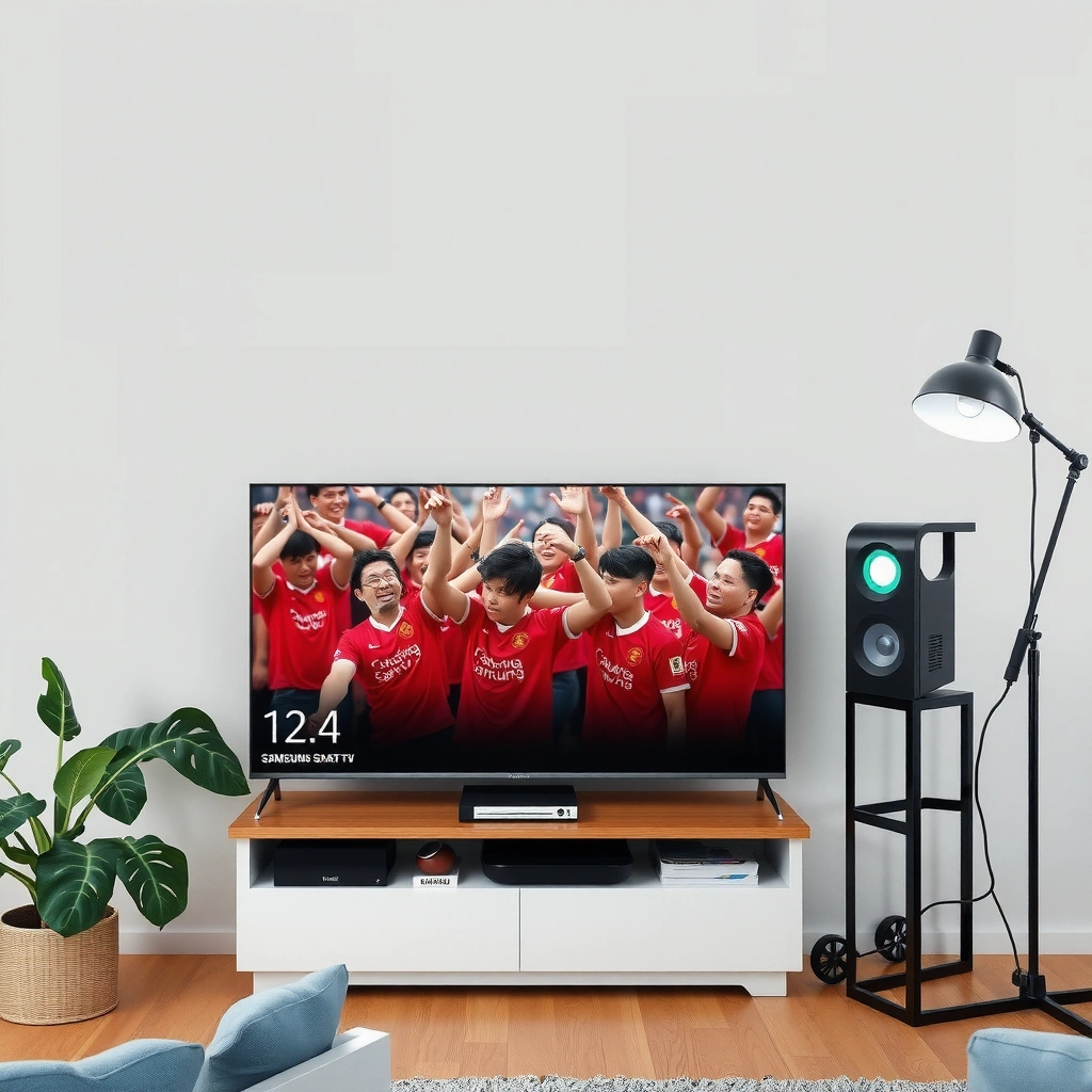 A person checking the model and software version of a Samsung Smart TV for live TV setup.