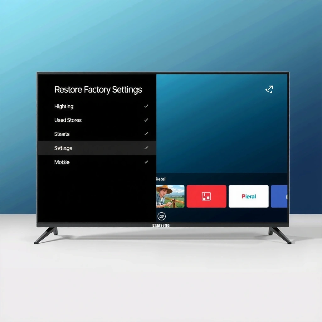 Image showing how to check Samsung TV model and access menu options for factory reset.