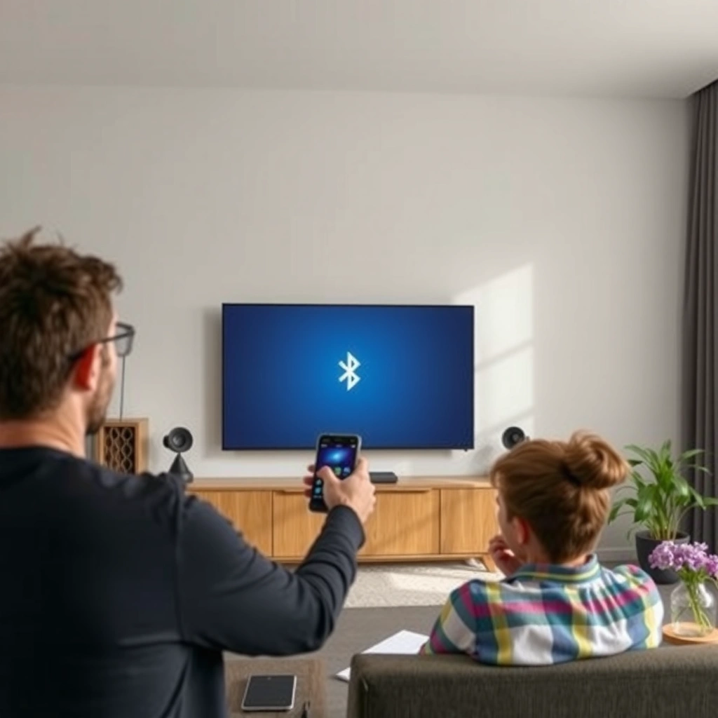 A person checking Bluetooth settings on a smart TV for compatibility.