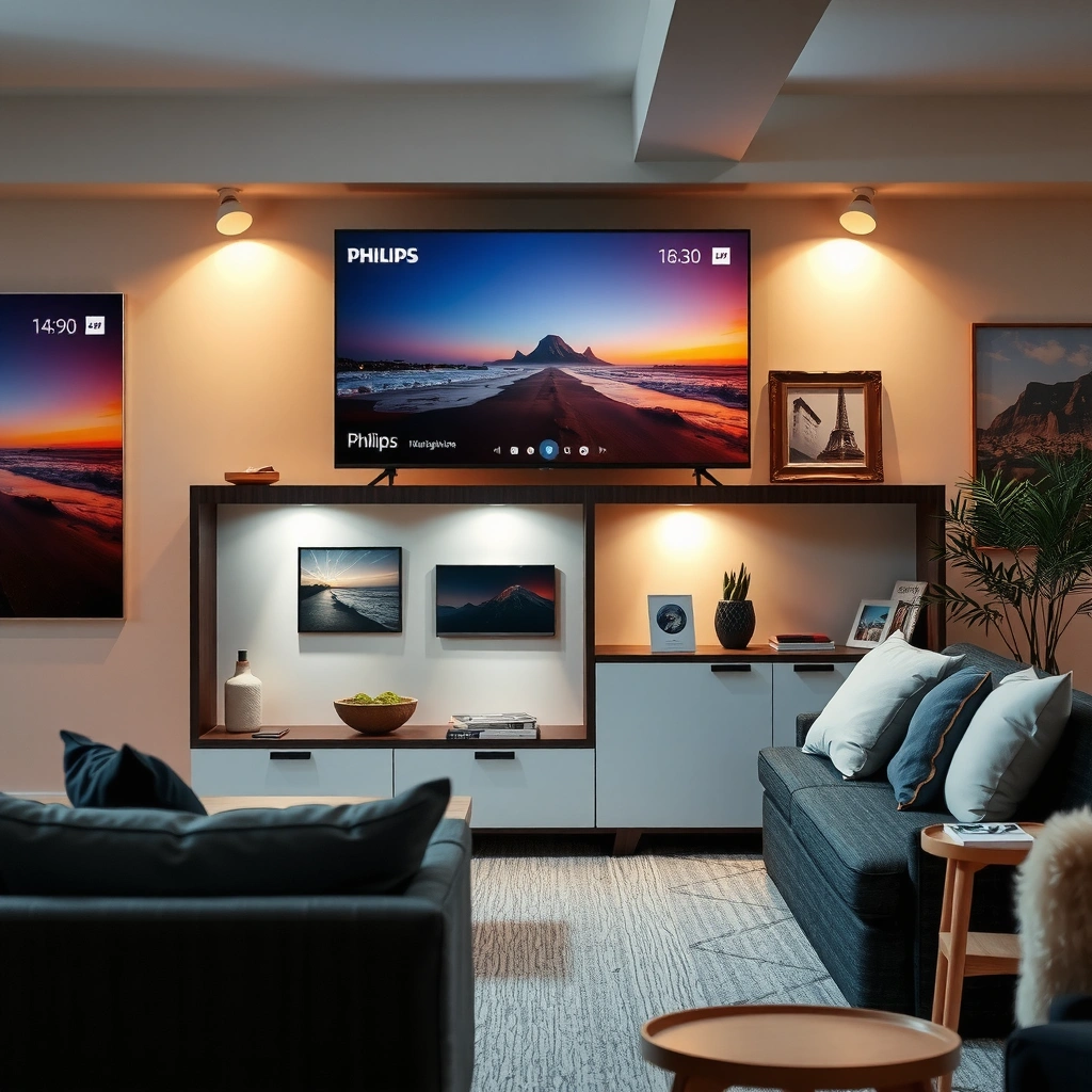 A close-up of a Philips TV displaying smart features like streaming apps and internet connectivity options.