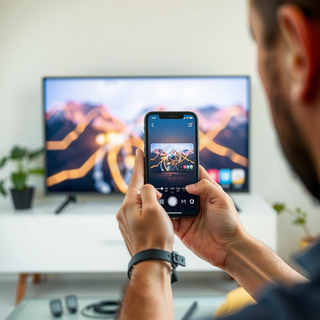 A person checking TV compatibility settings for AirPlay on an iPhone and Smart TV.