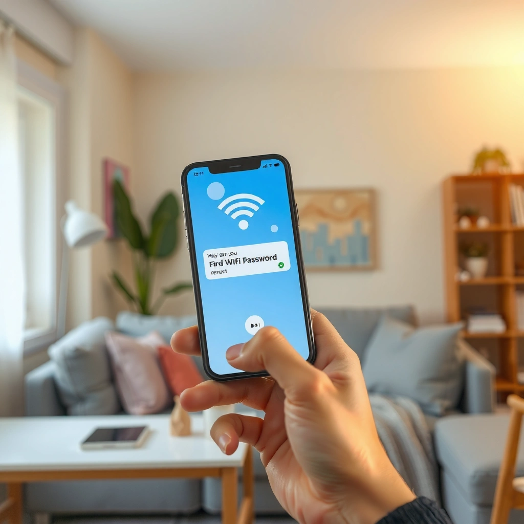 User checking WiFi password on an iPhone device in a home setting.