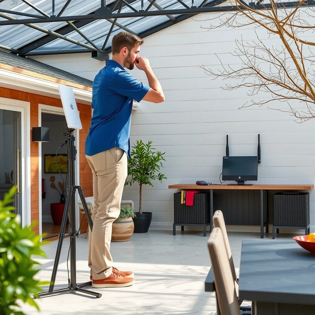 Person checking WiFi signal strength and router placement for better outdoor coverage