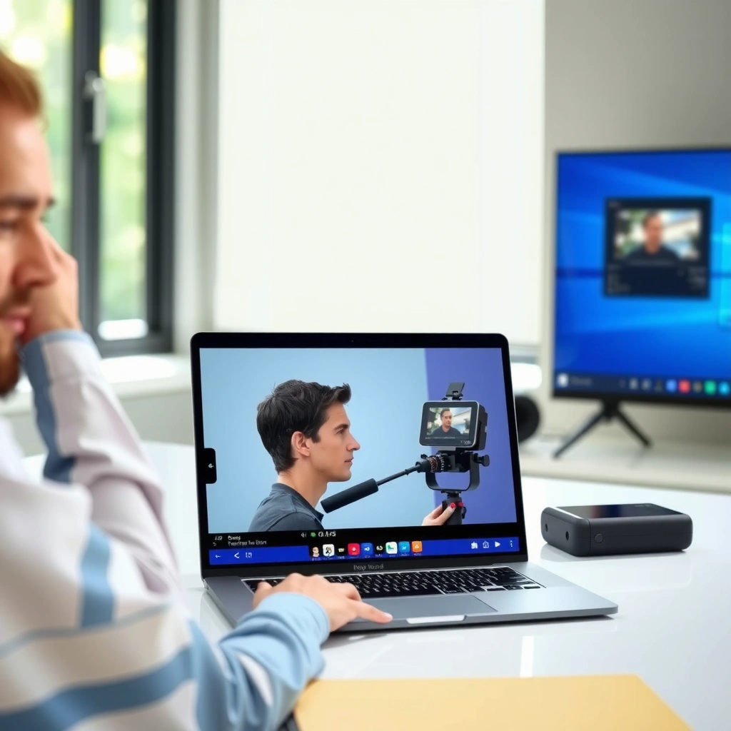 A person checking the settings on a smart TV and network connection for casting from a laptop.