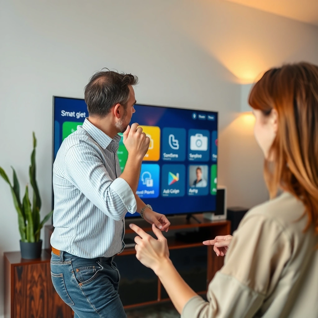 User checking the app store on a Smart TV for downloading apps.
