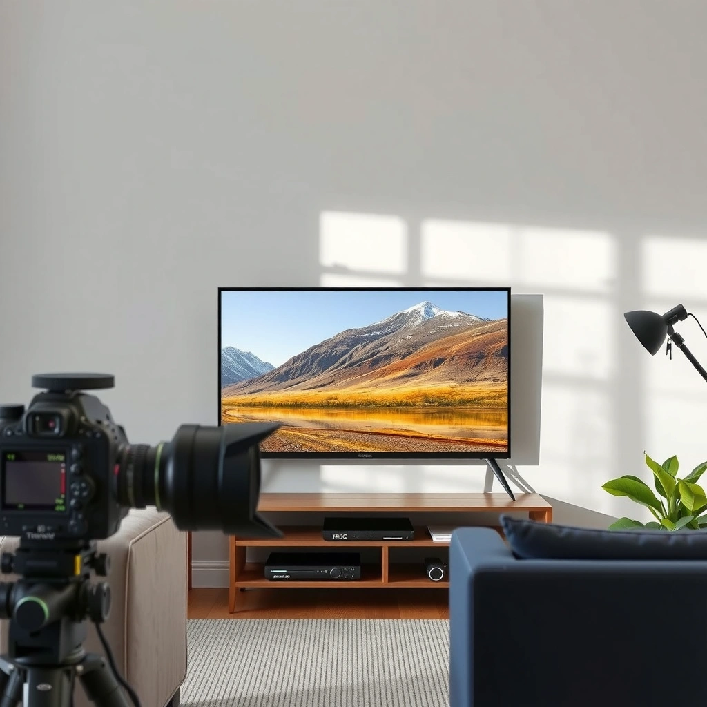 A person examining a TV screen for smart features and connectivity options.
