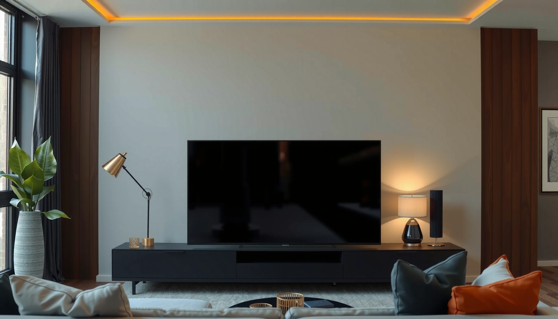 A person measuring a space to decide what size TV to buy for their living room.