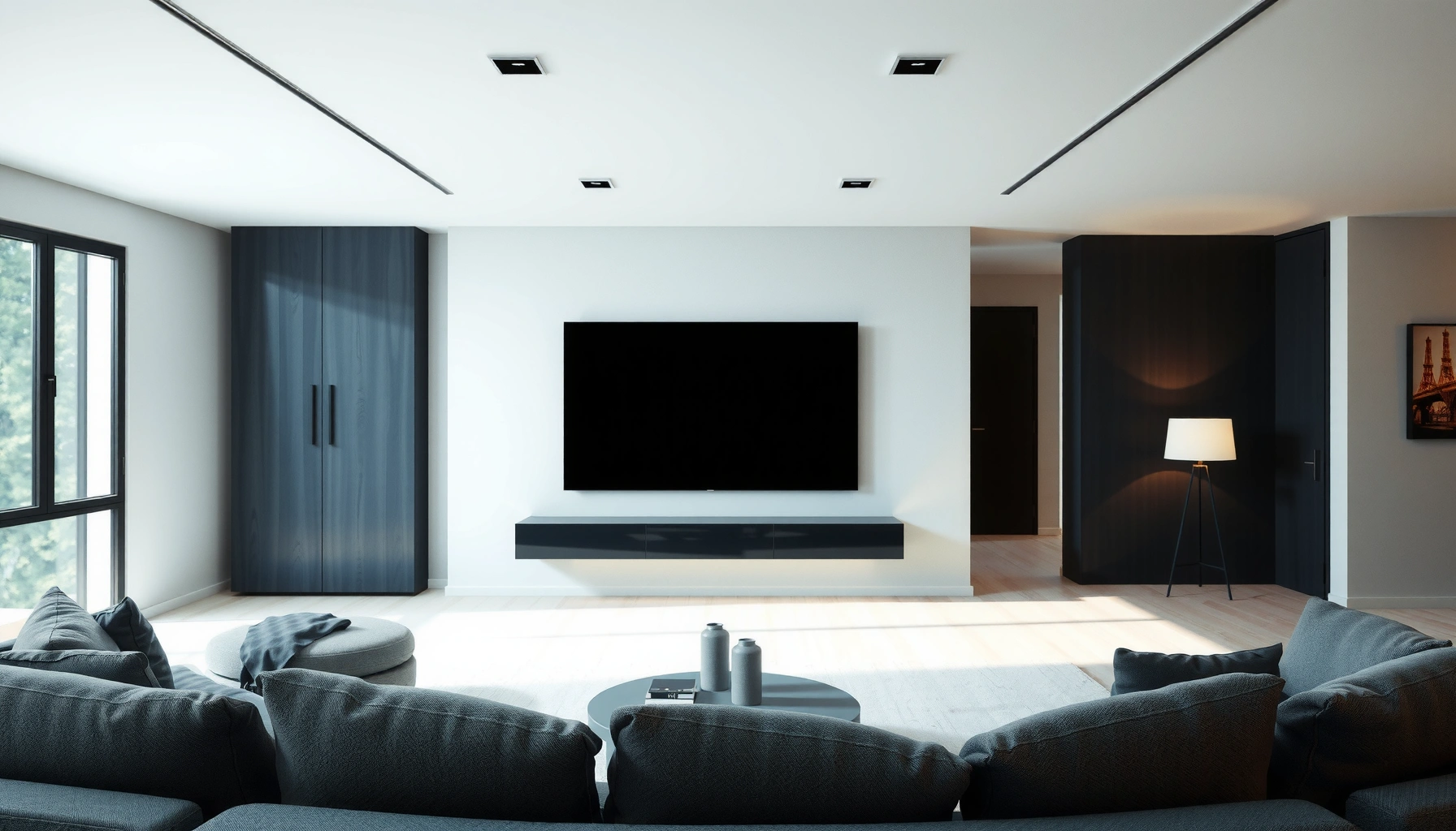 A person measuring a space to determine the size of TV to buy for their living room.